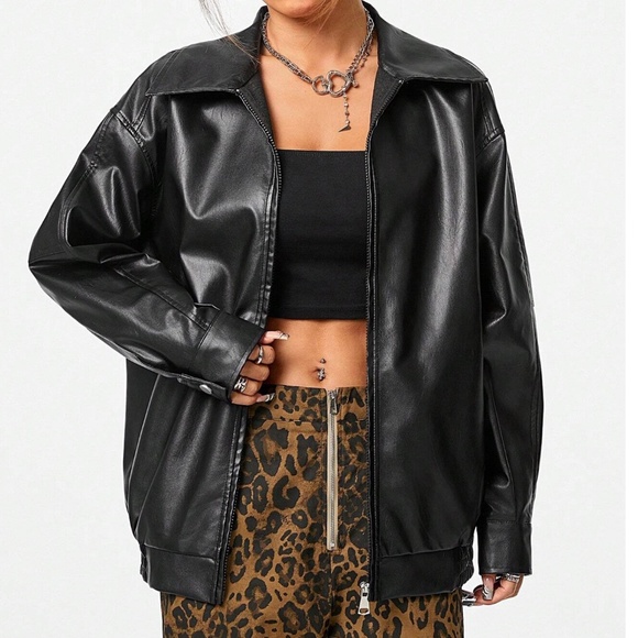 Luxe Vegan Leather Zipper Pockets Oversized Bomber Jacket - Picture 2 of 9